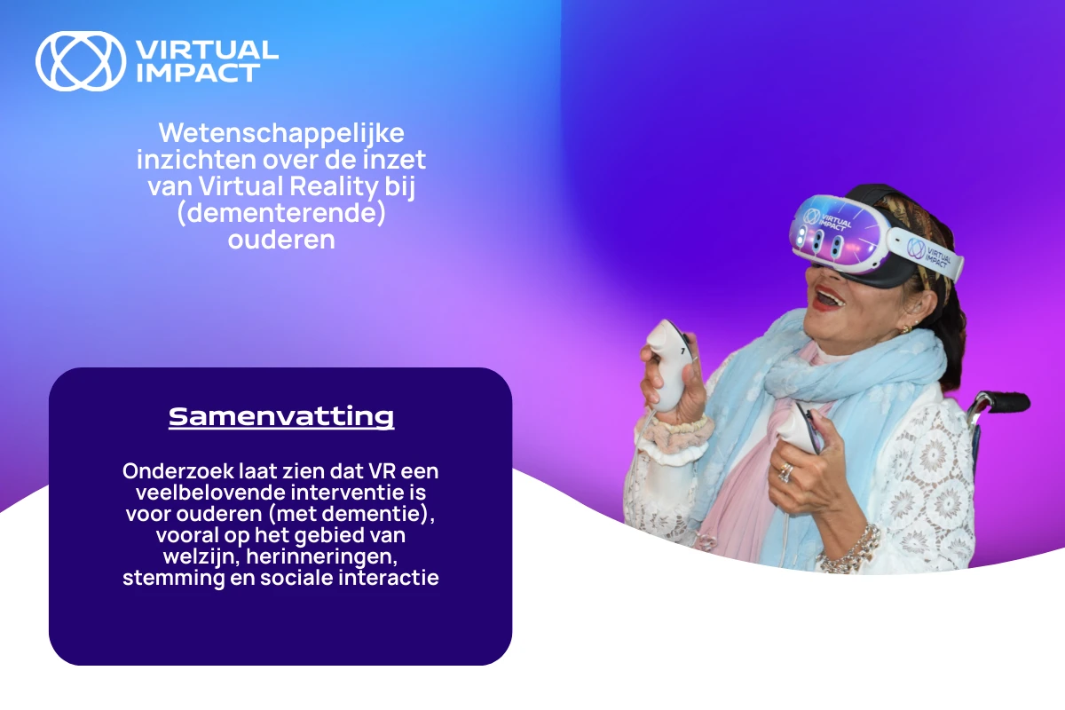 Infographic over wetenschappelijk onderzoek naar Virtual Reality bij dementie en ouderenzorg